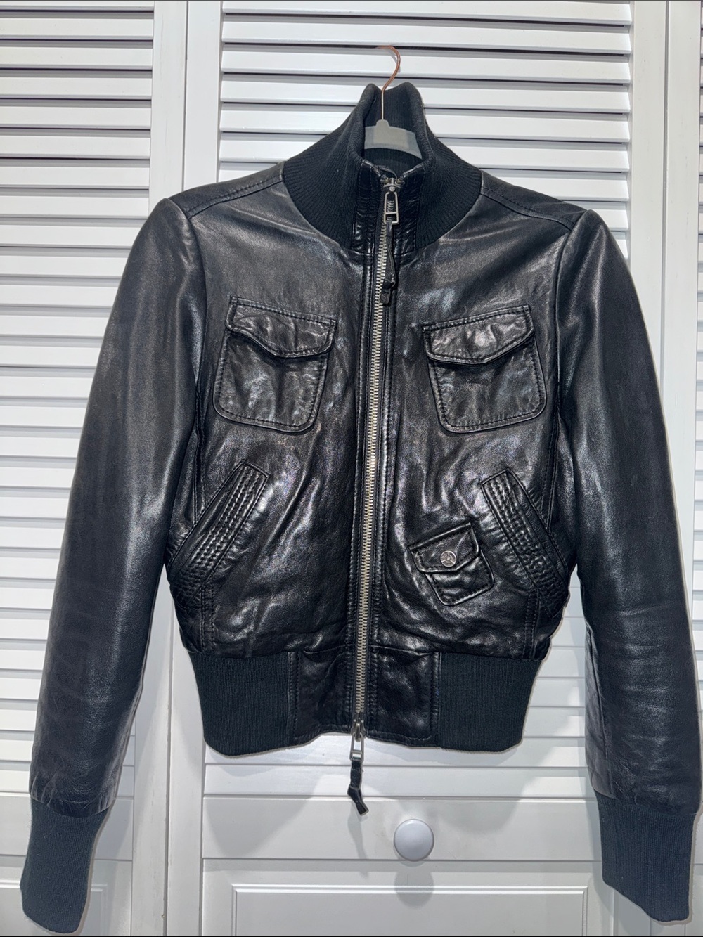 Women Black Leather Bomber Jacket with Ribbed Collars